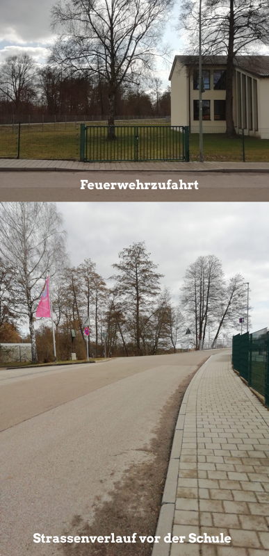 Oben:Feuerwehrzufahrt der Schule, Unten: Strassenverlauf davor